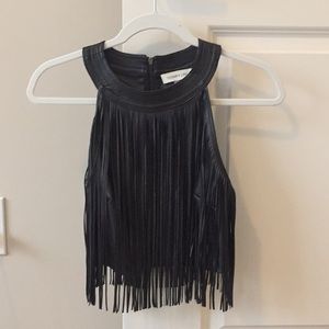 black pleather fringe crop top, S